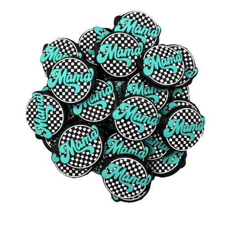 Mama Checkered Round Silicone Focal Beads--Turquoise