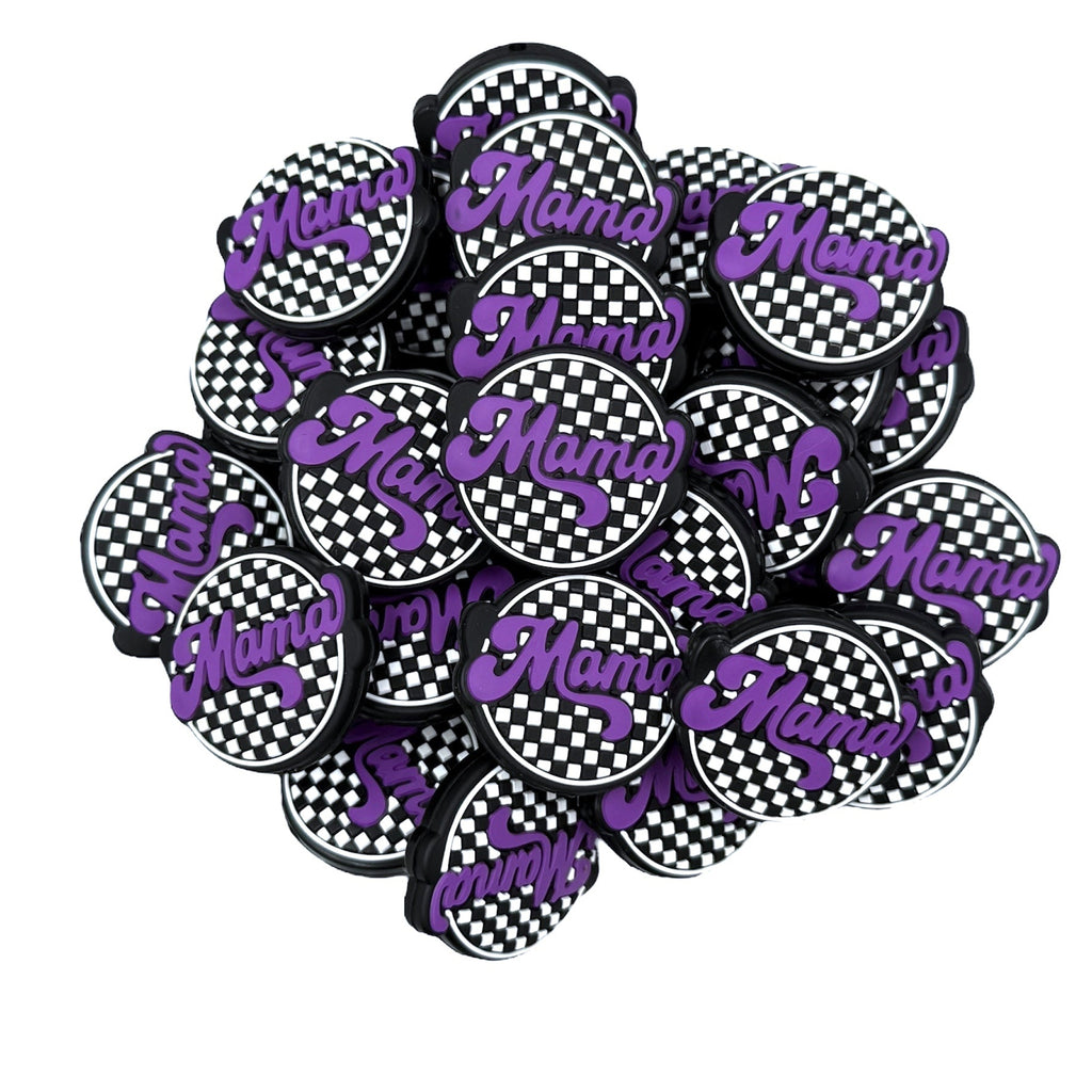 Mama Checkered Round Silicone Focal Beads--Purple
