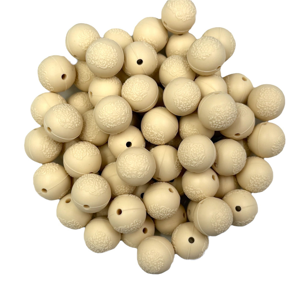 15mm Beige Embossed Silicone Beads