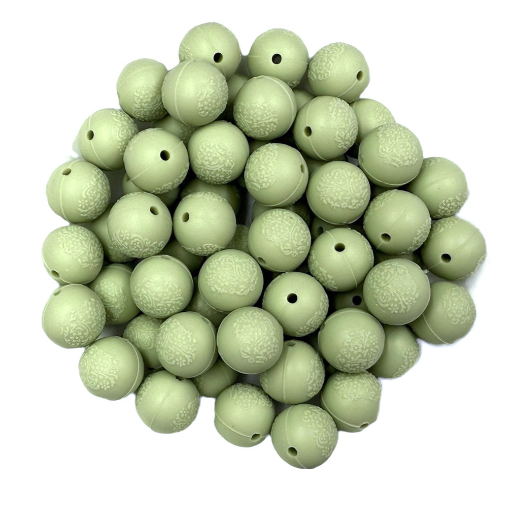 15mm Sage Green Embossed Silicone Beads
