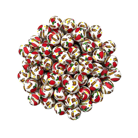 White School Apple & Pencil Printed Silicone Beads--15mm