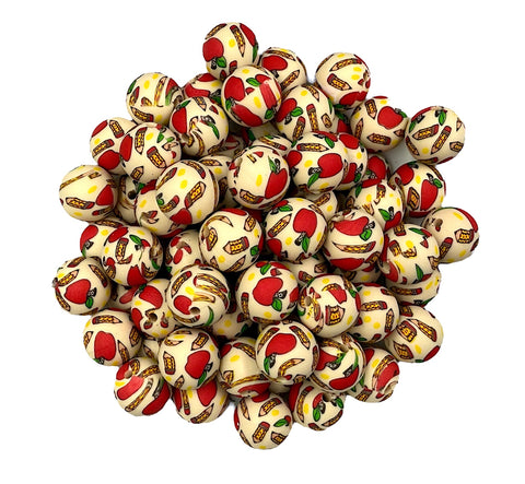 Beige School Apple & Pencil Printed Silicone Beads--15mm