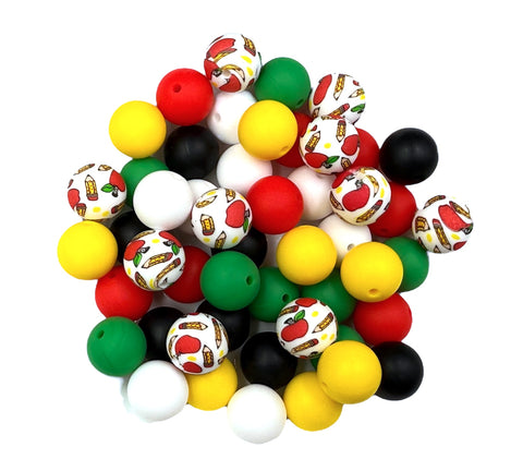 White School Apple & Pencil Silicone Bead Mix--White, Strawberry Red, Yellow, Kelly Green, Black