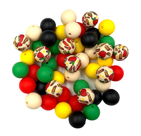 Beige School Apple & Pencil Silicone Bead Mix--White, Strawberry Red, Yellow, Kelly Green, Black