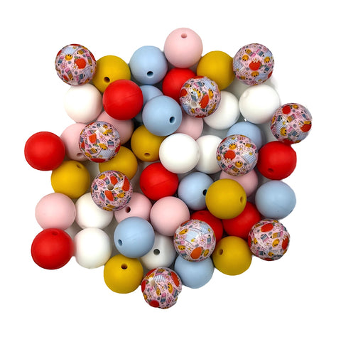 School Apple, Paper & Pencil Silicone Bead Mix--White, Powder Pink, Baby Blue, Coral Red, Sunflower