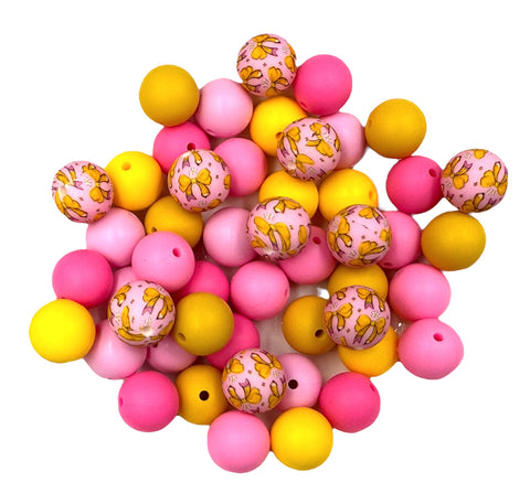 Pencil Bow Silicone Bead Mix-- Light Pink, Yellow, Pink, Flamingo, Sunflower