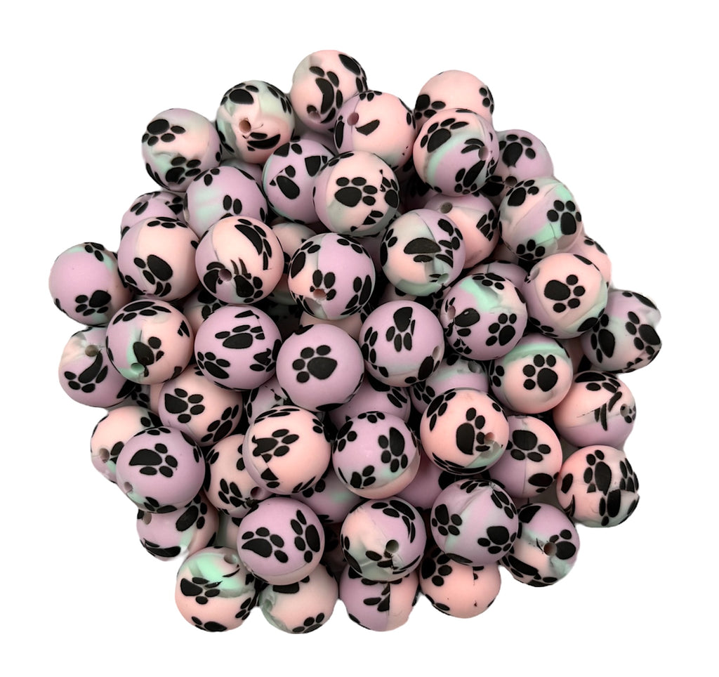Pastel Paw Print Silicone Beads--15mm