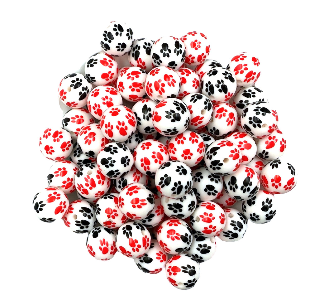 Large Red & Black Paw Print Silicone Beads--15mm