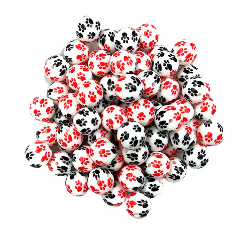 Large Red & Black Paw Print Silicone Beads--15mm
