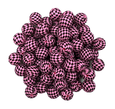 Hot Pink Checkered Print Silicone Beads--15mm