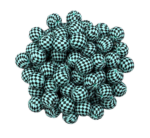 Aqua Blue Checkered Print Silicone Beads