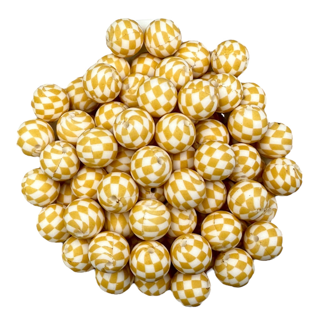 15mm Mustard & White Plaid Silicone Beads