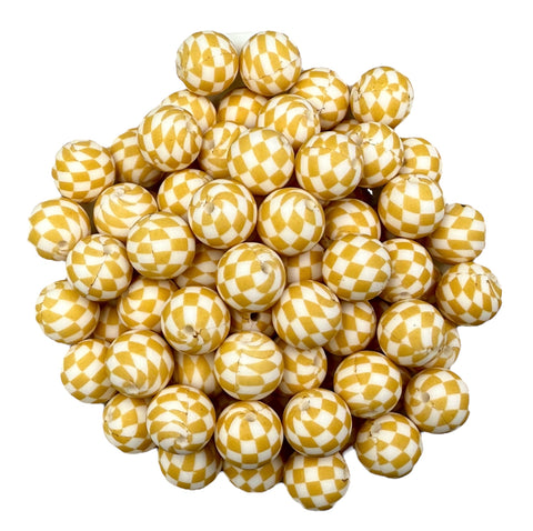 15mm Mustard & White Plaid Silicone Beads