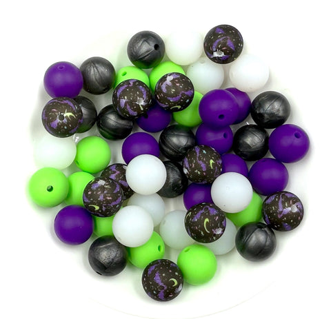 Halloween Night Silicone Bead Mix--Clear, Purple Passion, Key Lime, Metallic Black