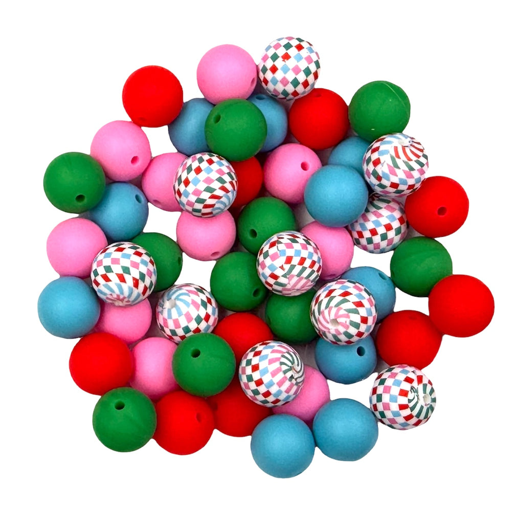 Checkered Silicone Bead Mix--Pink, Strawberry Red, Island Blue, Kelly Green