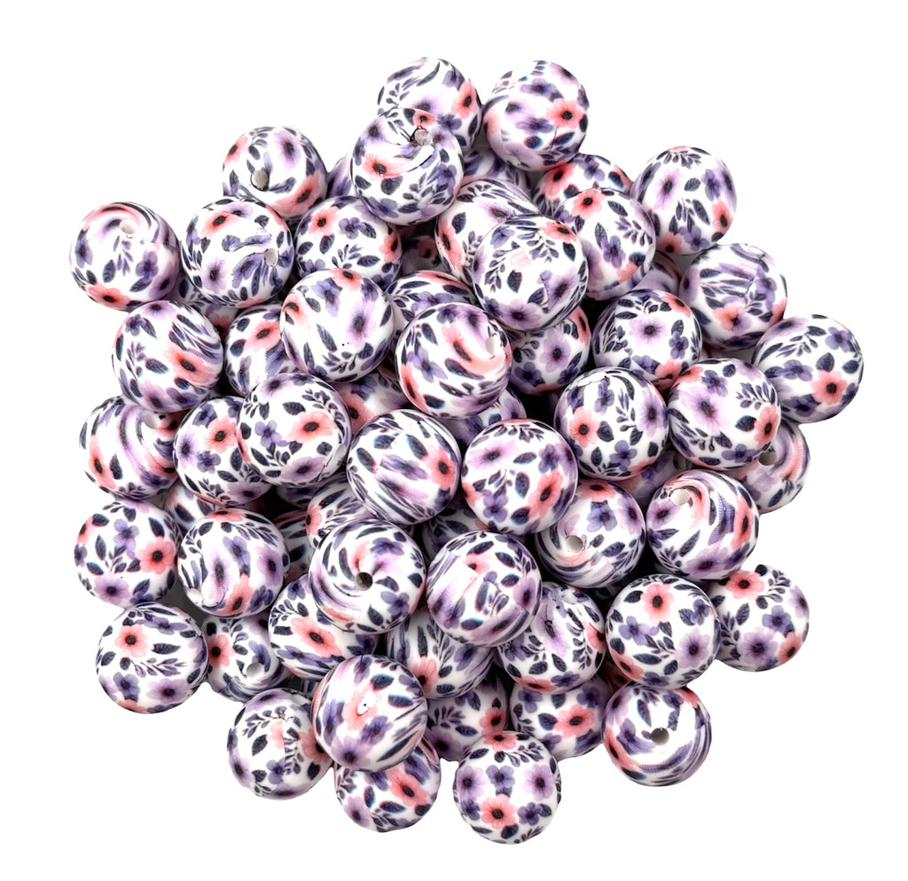 Lavender Bouquet Print Silicone Beads--15mm