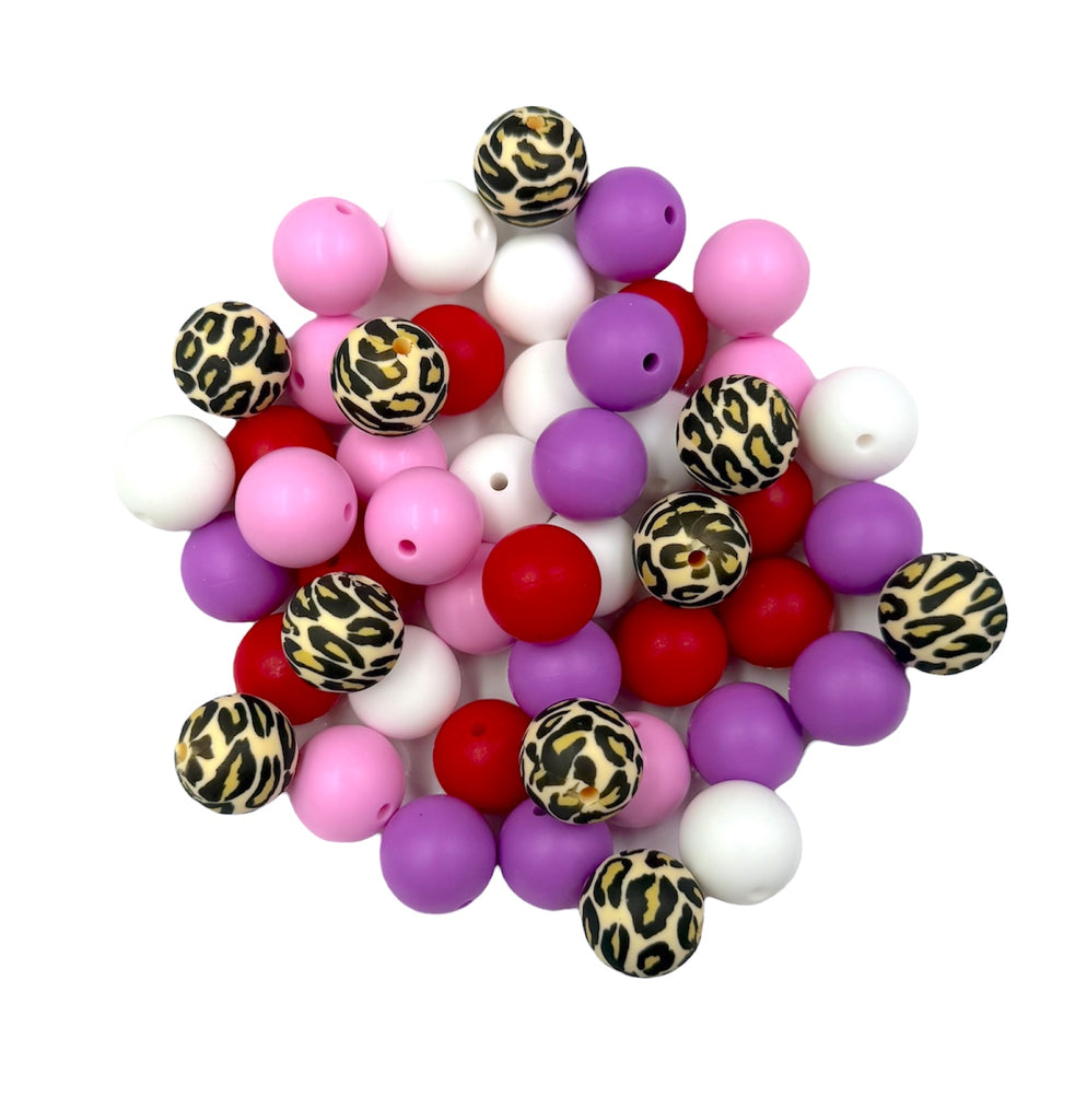 Valentine's Day Leopard Silicone Bead Mix--White, Lavender Purple, Light Pink, Red