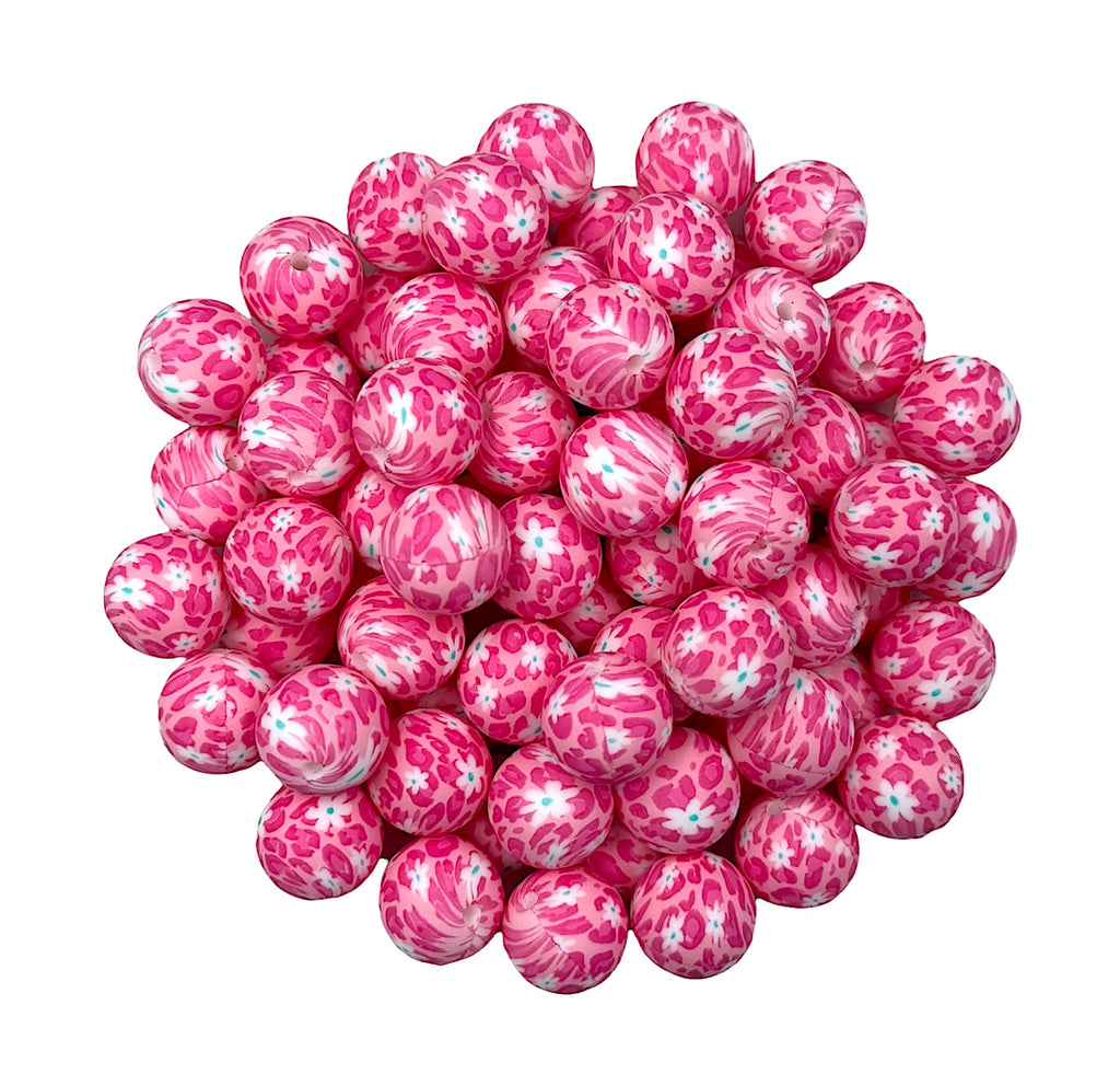 Pink & White Daisy Print Silicone Beads--15mm
