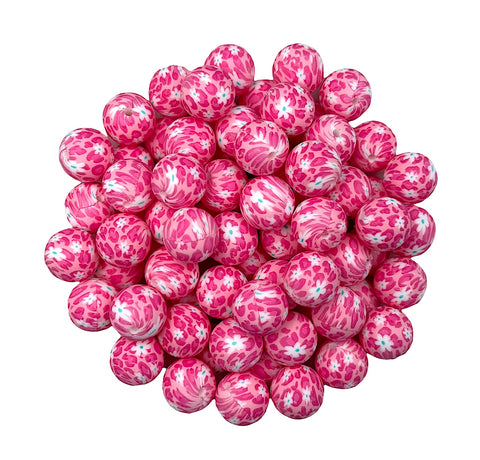 Pink & White Daisy Print Silicone Beads--15mm