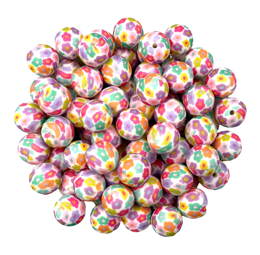 Colorful Spring Flower Print Silicone Beads--15mm