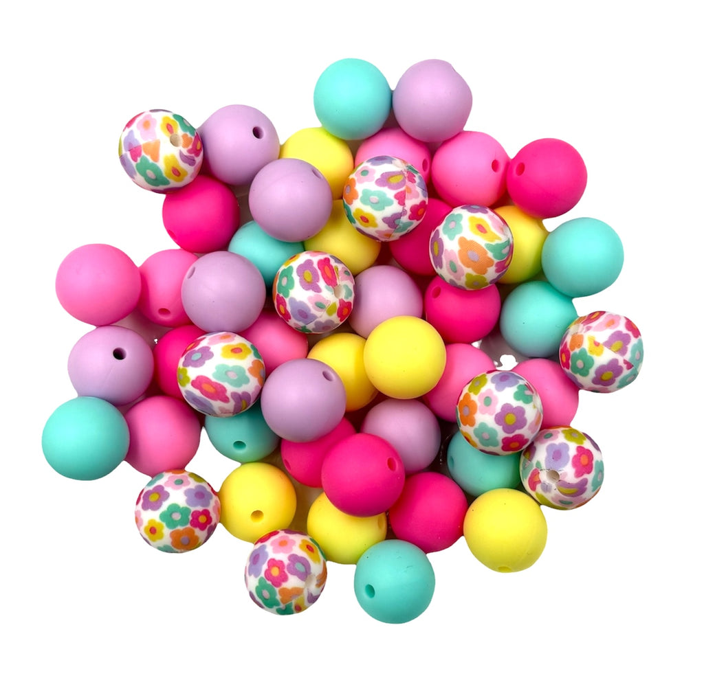 Colorful Spring Flower Silicone Bead Mix--Flamingo, Light Yellow, Sweet Lilac, Aqua, Pink