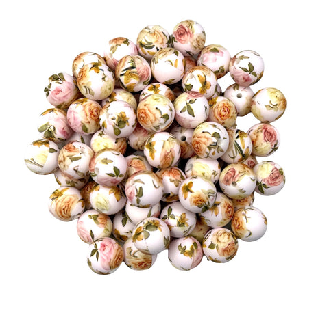 Vintage Rose Flower Print Silicone Beads--15mm