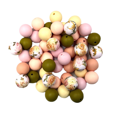 Vintage Rose Flower Silicone Bead Mix--Power Pink, Peach, Vanilla, Moss Green