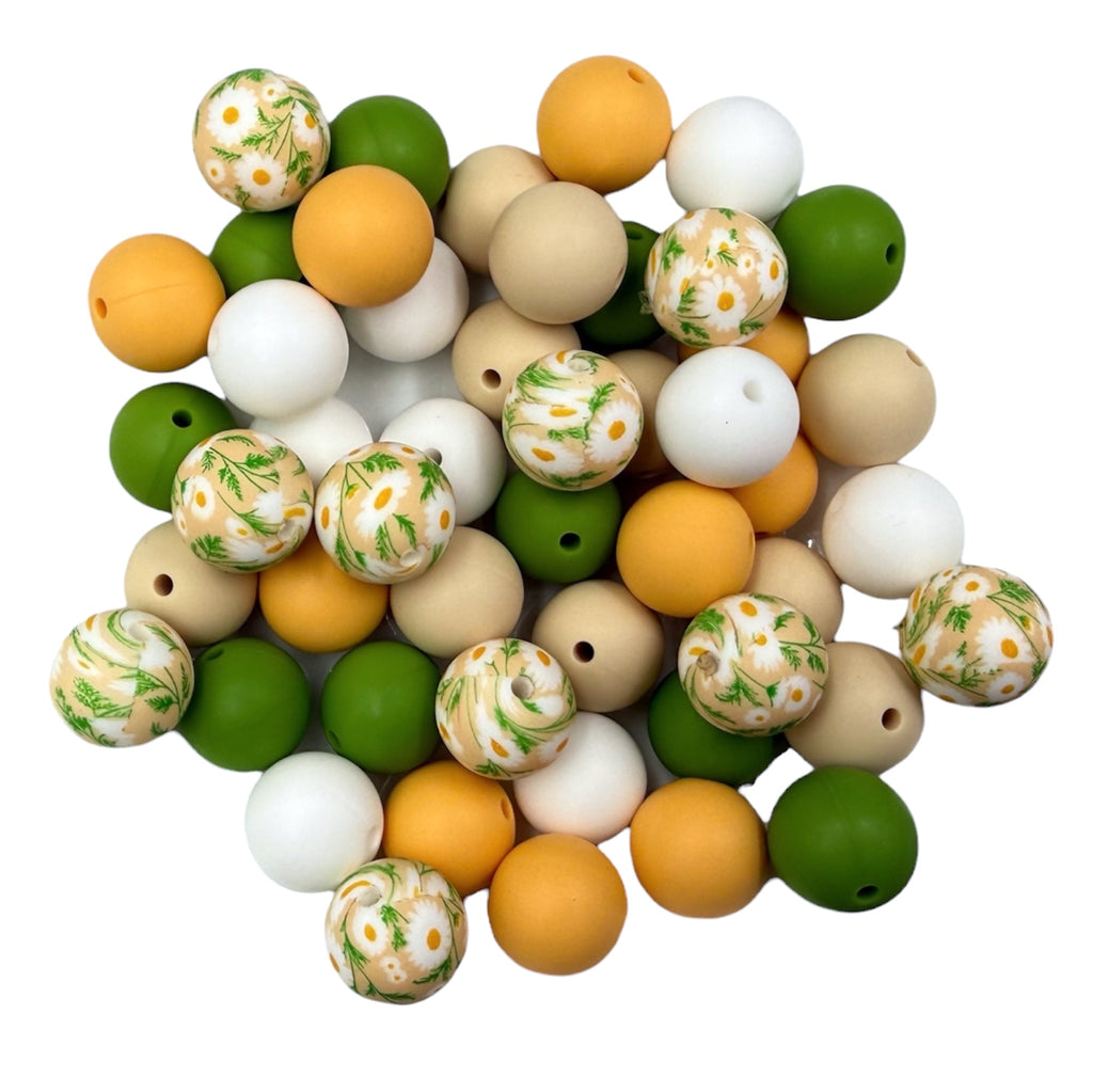 Daisy Flower Silicone Bead Mix--White, Beige, Golden Yellow, Olive Green