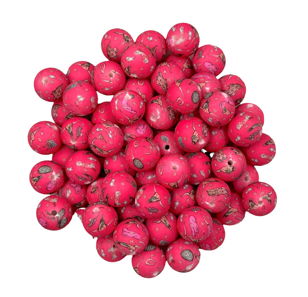 Pink Western Print Silicone Beads--15mm