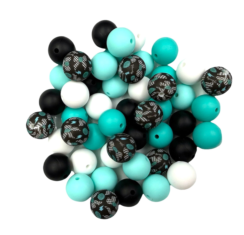 Western Bow Print Silicone Bead Mix--Black, Turquoise, White, Aqua