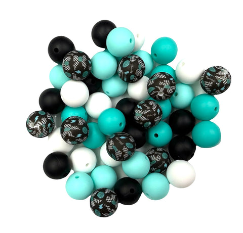 Western Bow Print Silicone Bead Mix--Black, Turquoise, White, Aqua