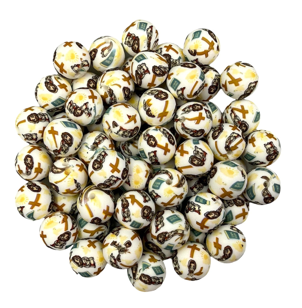 Jesus, Cross, Bible Print Silicone Beads--15mm