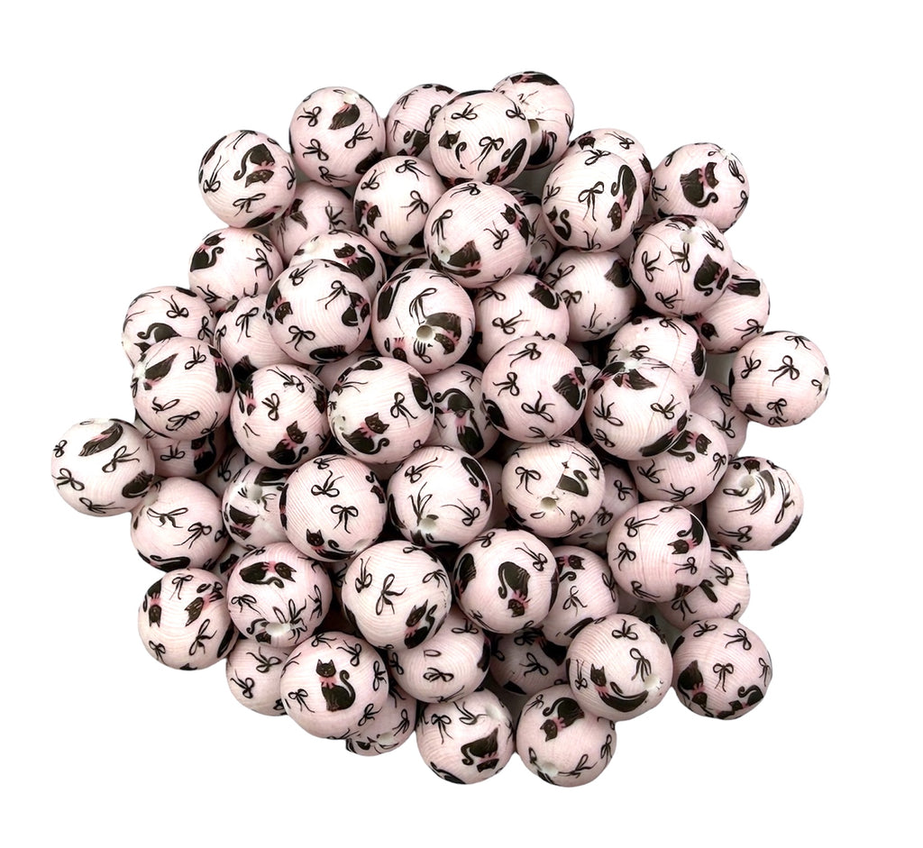 Black Cat Print Silicone Beads--15mm