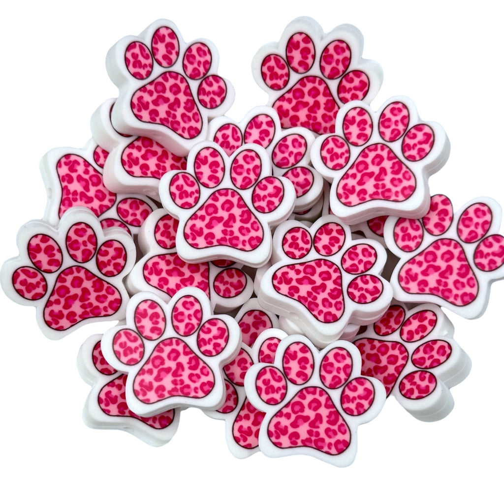 Pink Leopard Paw Print Silicone Focal Beads