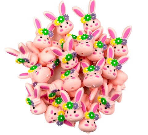 3D Floral Easter Bunny Silicone Focal Beads--Pink