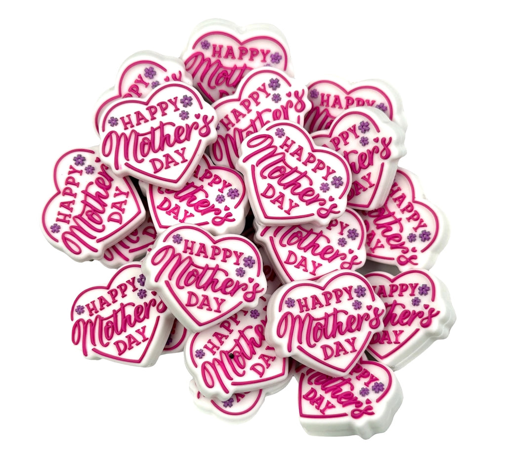 Pink Happy Mother's Day Heart Silicone Focal Beads