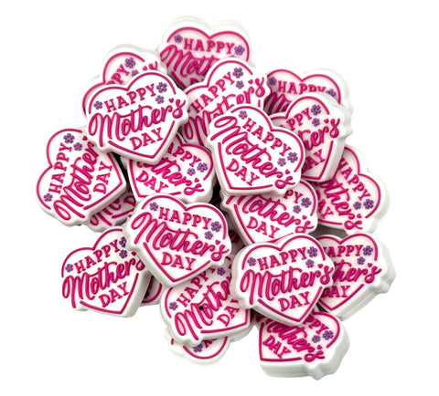 Pink Happy Mother's Day Heart Silicone Focal Beads
