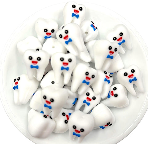 3D White Tooth Silicone Focal Beads--Blue Bow