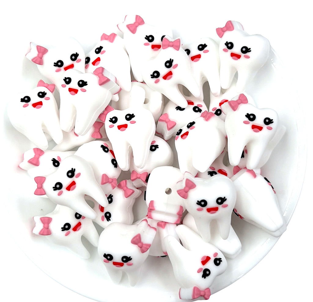 3D White Tooth Silicone Focal Beads--Pink Bow