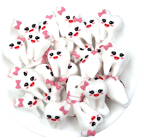 3D White Tooth Silicone Focal Beads--Pink Bow