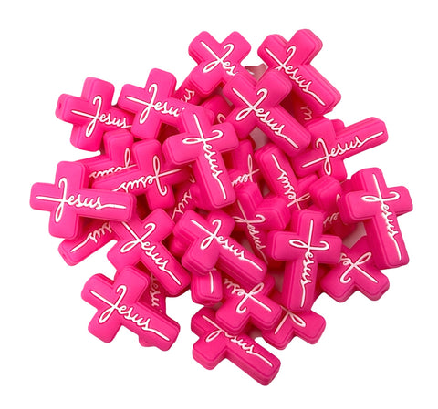 Jesus Cross Silicone Focal Bead--Hot Pink