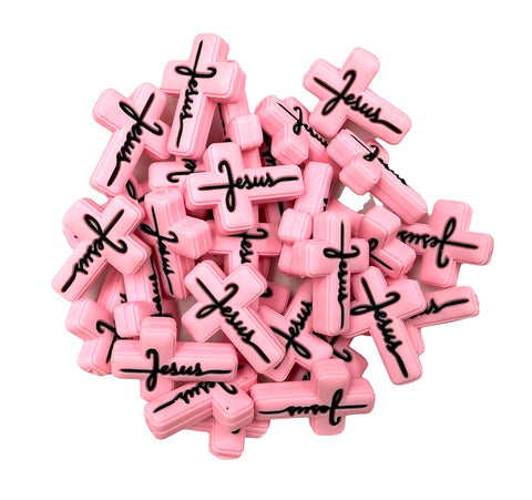 Jesus Cross Silicone Focal Bead--Light Pink