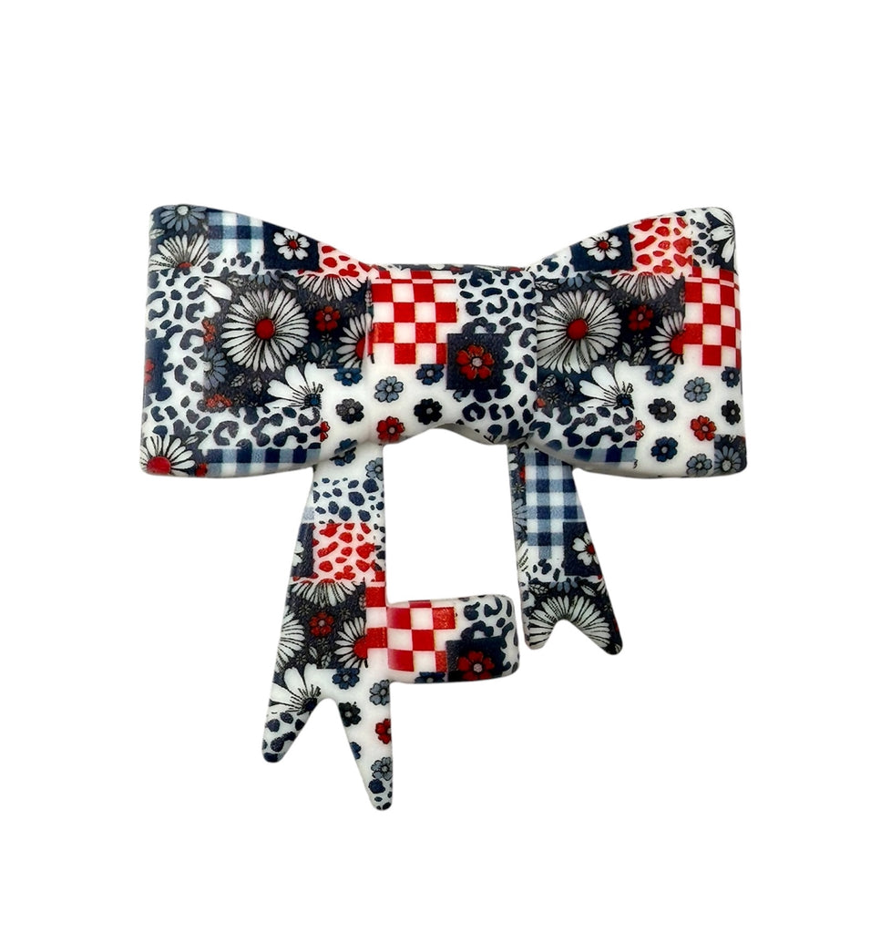 Red White & Blue Flowers 3D Silicone Bow Focal Bead Straw Topper