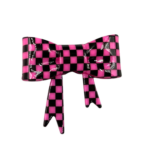 Hot Pink & Black Checkered Glossy 3D Silicone Bow Focal Bead Straw Topper