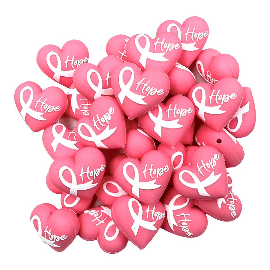 3D Pink Ribbon Awareness HOPE Heart Silicone Focal Beads