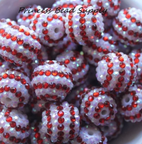 20mm Red & White Striped AB Rhinestone  Chunky Beads