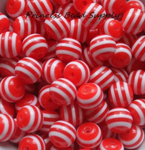 12mm Red Striped Acrylic Beads