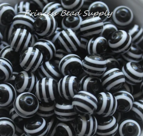 12mm Black Striped Acrylic Beads