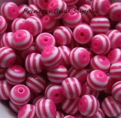 12mm Hot Pink Striped Acrylic Beads