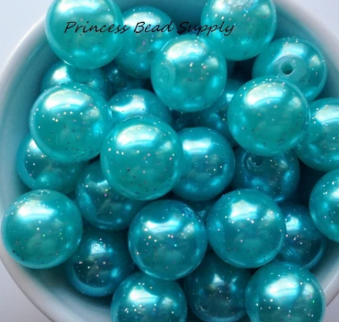 20mm Aqua Blue Glitter Pearl Chunky Beads